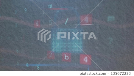 Digital interface overlay appearing on gray wall in dark room, with floating numerals and blue grid Digital interface overlay appearing on gray wall in dark room, with floating numerals and blue grid 135672223