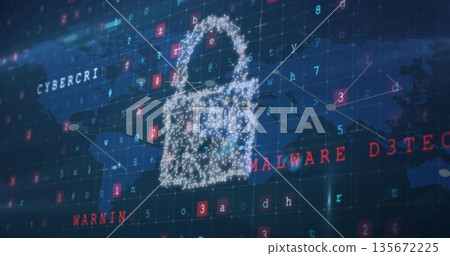 Hovering glowing padlock icon over security interface grid, with map overlay and red warning labels Hovering glowing padlock icon over security interface grid, with map overlay and red warning labels 135672225