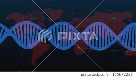 Blue DNA helix stretching across virtual backdrop, with red world map silhouette and data nodes Blue DNA helix stretching across virtual backdrop, with red world map silhouette and data nodes 135672226