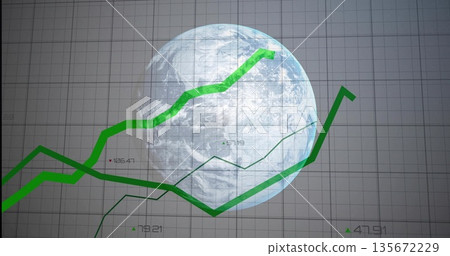 Displaying bold, thin green trend lines traversing Earth globe on grid display, with numeric labels 135672229