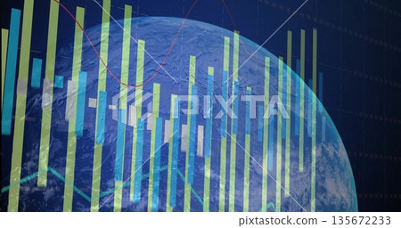 Displaying 3D Earth globe overlaying bar columns over dark grid backdrop with red trend line Displaying 3D Earth globe overlaying bar columns over dark grid backdrop with red trend line 135672233