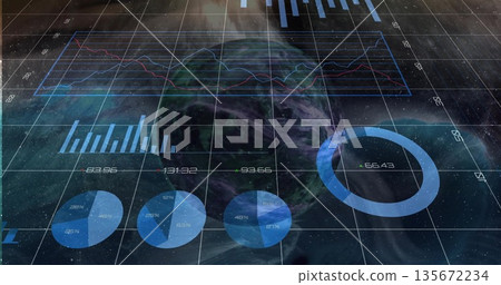 Visualizing planet Earth above space backdrop, featuring grid overlay and line bar pie donut charts 135672234