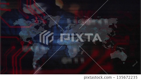 Semi-transparent world map pulsing on pixel grid dashboard, with bars, light spots, red traces Semi-transparent world map pulsing on pixel grid dashboard, with bars, light spots, red traces 135672235