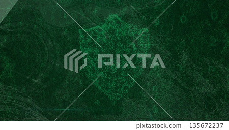 Glowing shield emerging from green particles pulsating in circuit scene, with numeric codes 135672237