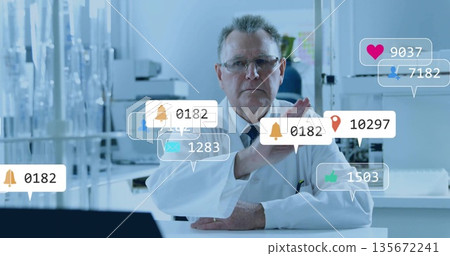 Gesturing senior scientist in lab coat making stop gesture at research lab, with floating UI icons Gesturing senior scientist in lab coat making stop gesture at research lab, with floating UI icons 135672241