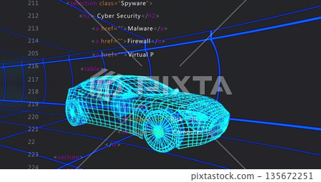 Displaying 3D wireframe car model rotating in code editor view with blue grid tunnel HTML snippets Displaying 3D wireframe car model rotating in code editor view with blue grid tunnel HTML snippets 135672251