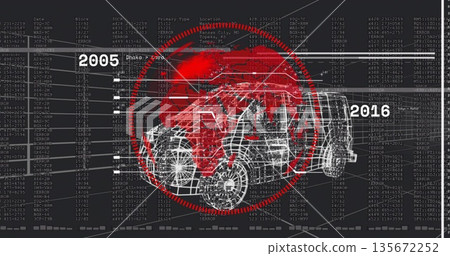 Showing wireframe car model over red world map on dashboard, featuring timeline arrow and data grid 135672252