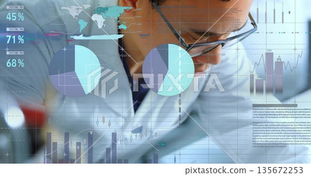 Leaning researcher in lab coat examining holographic world map, pie and bar charts in lab Leaning researcher in lab coat examining holographic world map, pie and bar charts in lab 135672253