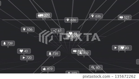 Floating translucent bubble icons shifting along grid lines in digital space, social media metrics Floating translucent bubble icons shifting along grid lines in digital space, social media metrics 135672262