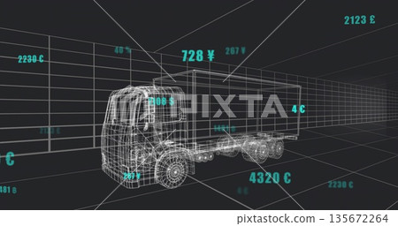 Rotating wireframe semi-trailer truck model floating in grid, displaying turquoise currency values Rotating wireframe semi-trailer truck model floating in grid, displaying turquoise currency values 135672264