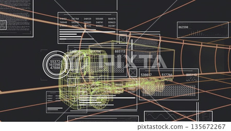 Rendering 3D wireframe forklift model inside cylindrical tunnel, with UI panels and orange beams Rendering 3D wireframe forklift model inside cylindrical tunnel, with UI panels and orange beams 135672267