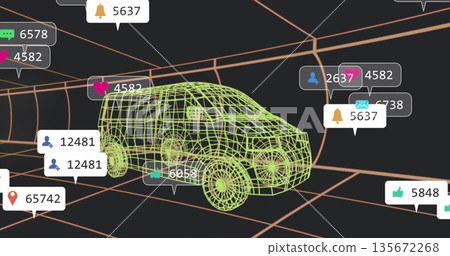 Displaying neon green wireframe SUV model within dark grid room, with floating notification bubbles Displaying neon green wireframe SUV model within dark grid room, with floating notification bubbles 135672268