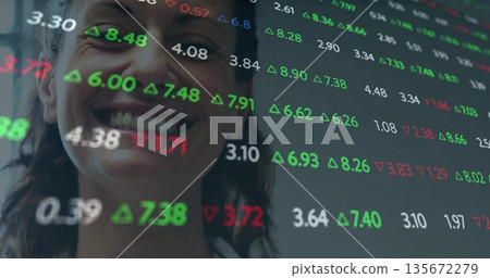 Analyzing woman interacting with digital interface in office, showing stock tickers, copy space Analyzing woman interacting with digital interface in office, showing stock tickers, copy space 135672279