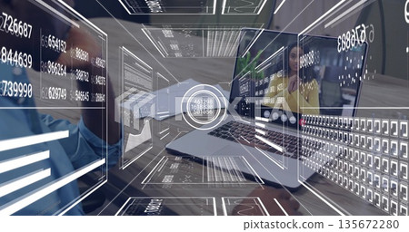 Typing man in business casual shirt using silver laptop at conference table, with interface panels Typing man in business casual shirt using silver laptop at conference table, with interface panels 135672280
