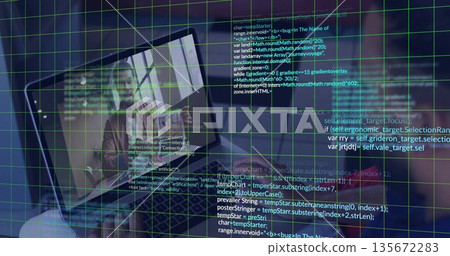 Speaking blazer-clad developer conducting meeting on laptop at desk, coffee mug, code grid overlay Speaking blazer-clad developer conducting meeting on laptop at desk, coffee mug, code grid overlay 135672283