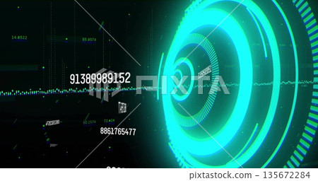 Displaying neon concentric ring pulsing in virtual space, with grid lines, numbers, copy space Displaying neon concentric ring pulsing in virtual space, with grid lines, numbers, copy space 135672284