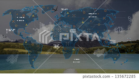 Overlaying digital global network map on lakeside valley, showing hexagon grids and data nodes Overlaying digital global network map on lakeside valley, showing hexagon grids and data nodes 135672285