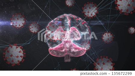 Floating brain hologram linking 3D virus models in virtual space, with neon-blue lines 135672299