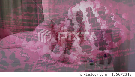 Featuring bed with white ruffled bedding in pink bedroom, with code overlay and heart wreaths 135672315