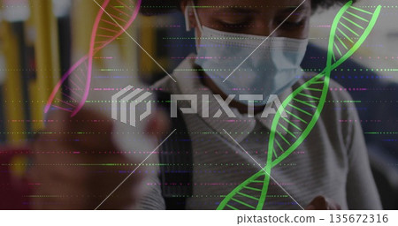 Gripping yellow handrail masked rider scrolling phone on bus, with shoulder strap and DNA graphics Gripping yellow handrail masked rider scrolling phone on bus, with shoulder strap and DNA graphics 135672316