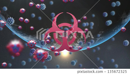 Hovering red biohazard symbol dominating outer space scene, with Earth globe and virus particles Hovering red biohazard symbol dominating outer space scene, with Earth globe and virus particles 135672325