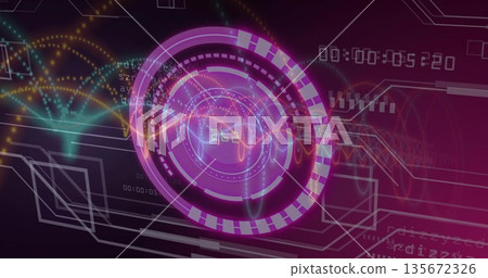 Showing purple circular HUD pulsing in dashboard, with waveforms, code fragments and timer display Showing purple circular HUD pulsing in dashboard, with waveforms, code fragments and timer display 135672326