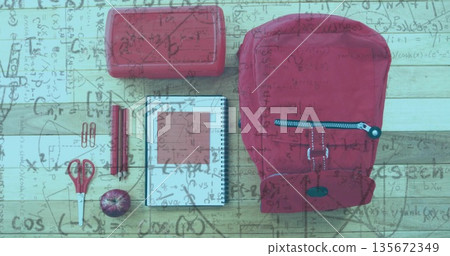Displaying red backpack with apple and school supplies on wooden desk with math overlay, copy space Displaying red backpack with apple and school supplies on wooden desk with math overlay, copy space 135672349