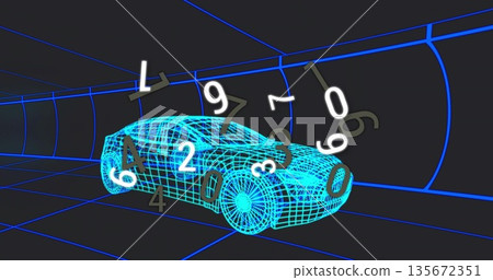 Moving neon-blue wireframe car model through virtual grid tunnel, with floating digits Moving neon-blue wireframe car model through virtual grid tunnel, with floating digits 135672351