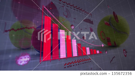 Red-pink 3D bar chart descending with white-dotted arrow in data interface, with viral spheres Red-pink 3D bar chart descending with white-dotted arrow in data interface, with viral spheres 135672356