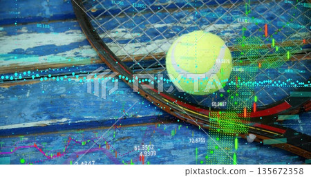 Displaying tennis racket, yellow ball on wood deck, with candlestick charts and data lines overlay Displaying tennis racket, yellow ball on wood deck, with candlestick charts and data lines overlay 135672358