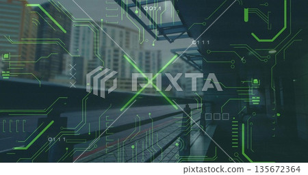 Displaying urban waterfront walkway under metal glass canopy, with railing and green HUD overlay 135672364