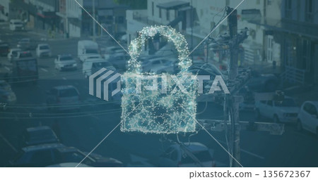 Showing digital padlock hologram hovering over city intersection, with cars, power lines, buildings Showing digital padlock hologram hovering over city intersection, with cars, power lines, buildings 135672367