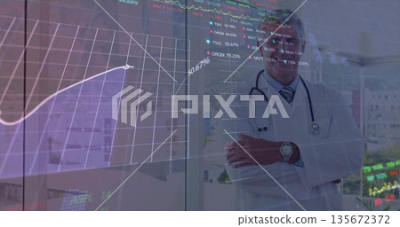 Analyzing physician examining market data on glass partition in clinic, with white coat, copy space 135672372