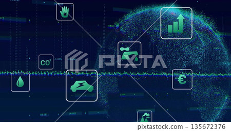 Displaying pixelated globe in blue data visualization, featuring CO? symbol and electric car icon Displaying pixelated globe in blue data visualization, featuring CO? symbol and electric car icon 135672376