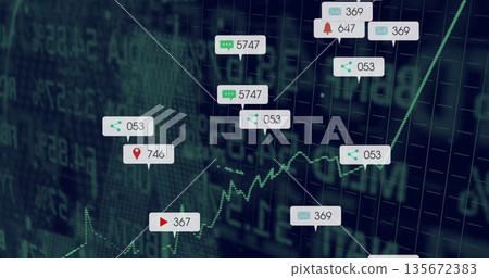 Showing green ascending line chart at trading dashboard, floating notification icons with counts 135672383