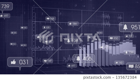 Displaying 3D dashboard forming cube grid in space, with bar chart columns and metric icons Displaying 3D dashboard forming cube grid in space, with bar chart columns and metric icons 135672384
