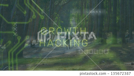 Running male wearing neon green backpack along forest trail, with growth hacking circuit patterns 135672387