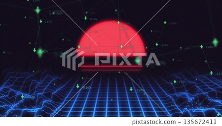 Dominating red semi-circle horizon soaring above 3D data grid with green arrows showing percentages Dominating red semi-circle horizon soaring above 3D data grid with green arrows showing percentages 135672411