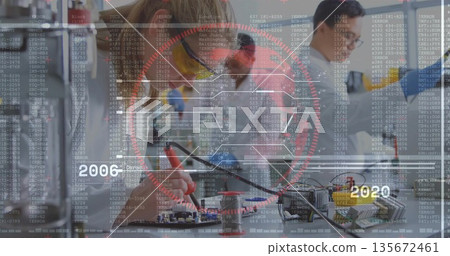 Testing engineer in lab coat probing circuit board at lab bench, with code overlay HUD 2006-2020 Testing engineer in lab coat probing circuit board at lab bench, with code overlay HUD 2006-2020 135672461
