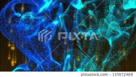 Ribbon of blue particles forming waves in data space, with gold currency symbols and data columns Ribbon of blue particles forming waves in data space, with gold currency symbols and data columns 135672469