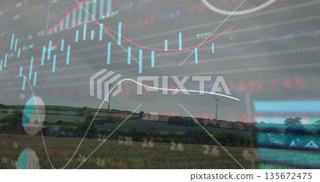 Overlaying two wind turbines rising over crop field dotted with small rural houses, with bar charts Overlaying two wind turbines rising over crop field dotted with small rural houses, with bar charts 135672475