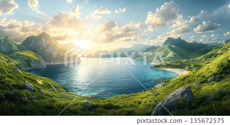 Serene Sunset Lush Island Paradise Landscape  Vibrant Nature Scene 135672575