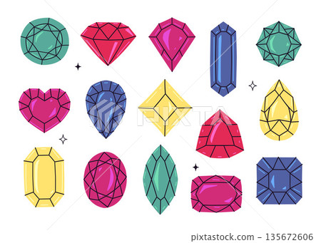 Set of multicolored gemstones of different shapes. Vector graphics 135672606