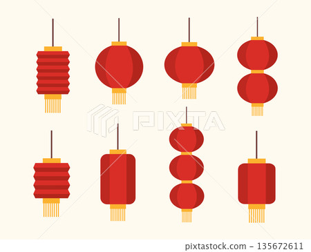 Red Chinese Lantern Collection Flat Illustration 135672611