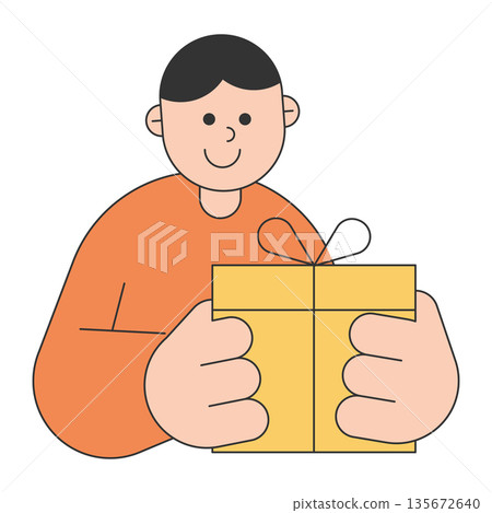 Flat illustration of person character holding gift box, presenting present for celebration, reward or surprise concept, simple minimal design on white background. 135672640