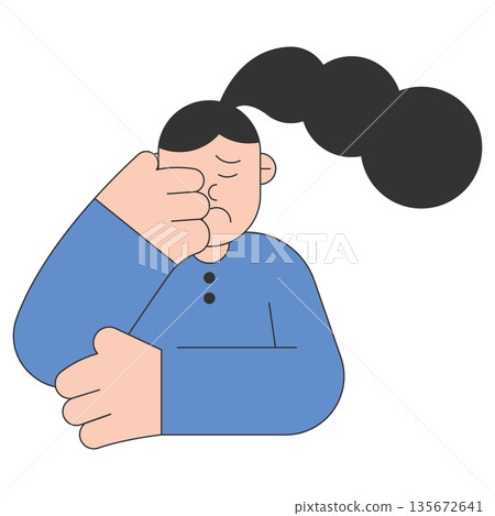 Flat illustration of stressed man covering face with hand, black smoke cloud symbolizing anxiety, burnout and negative thoughts, minimal style for mental health concept. 135672641