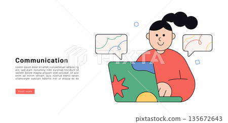 Flat illustration of person character using laptop for online communication with chat bubbles, digital conversation and teamwork concept, modern minimal design. 135672643