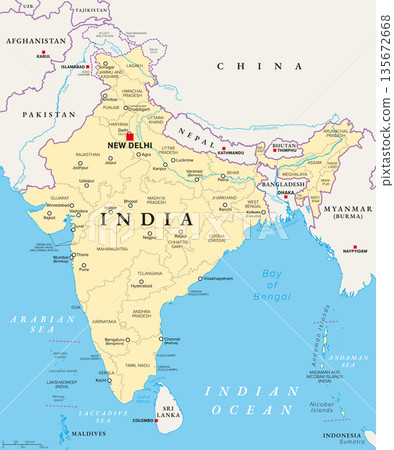 Republic of India, political map with states and union territories, capital New Delhi, and largest cities. Administrative divisions of India, a federal union comprising 36 subnational entities. Vector 135672668