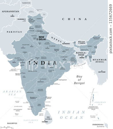 Republic of India, gray political map, with states, union territories, capital New Delhi, and with largest cities. Administrative divisions of India, a federal union of 36 subnational entities. Vector 135672669