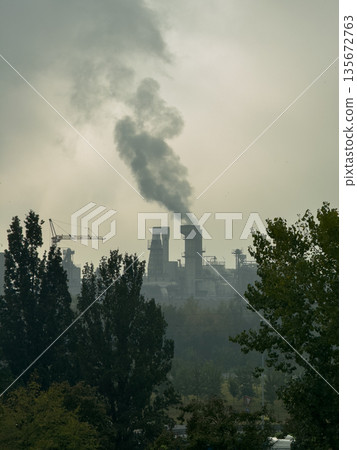 Industrial factory emitting smoke surrounded by trees and cloudy atmosphere 135672763